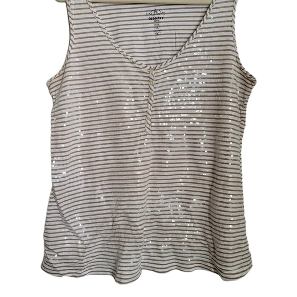 Old Navy Top Size 1X White Tan Stripe Sleeveless Tank Sequins Henley - Picture 3 of 7